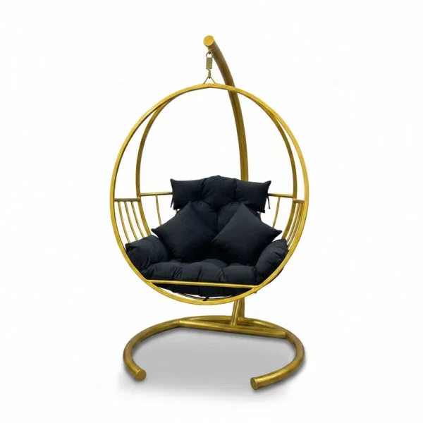 Luxury Hanging Egg Chair – Gold Frame with Premium Black Cushions