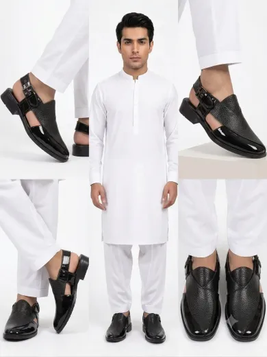 Premium Black Patent & Textured Peshawari Sandal for Men