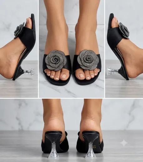Women's Elegant Black Floral Rhinestone Mule Heels