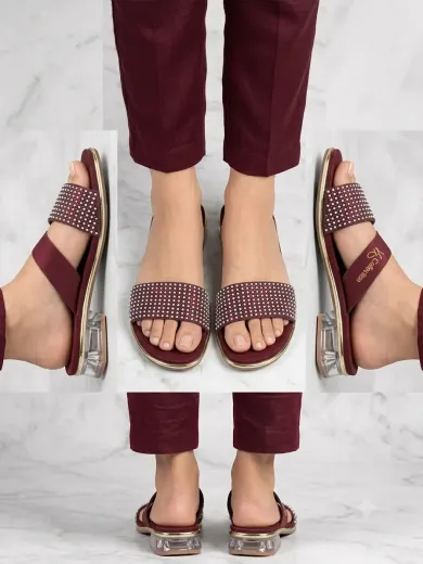 Women's Burgundy Pearl Embellished Flat Slide Sandals