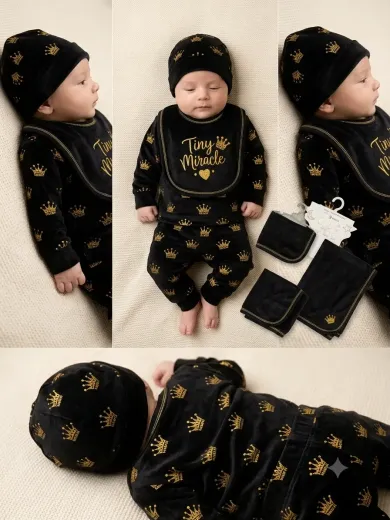 Tiny Miracle 9-Piece Newborn Baby Gift Set (Black & Gold Crown Design) 👶✨