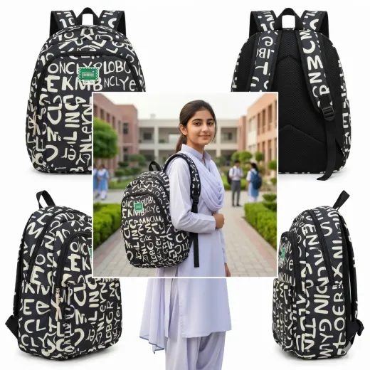 Trendy Letter Print School Backpack – Lightweight Multi-Pocket Student Bag (Black & White) 🎒