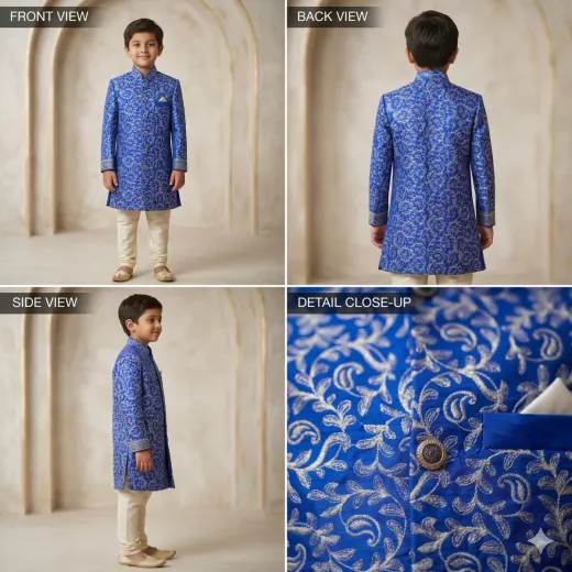 Royal Blue Embroidered Boys Sherwani Set