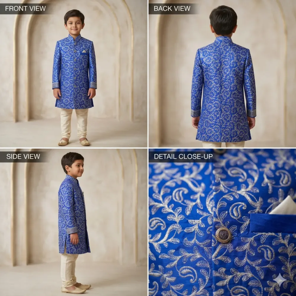 Royal Blue Embroidered Boys Sherwani Set