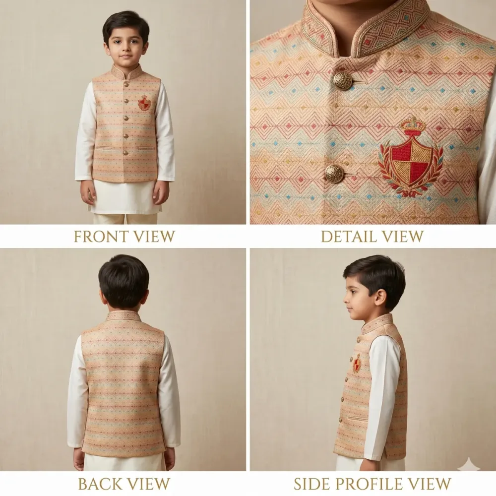 Boys Peach Jacquard Waistcoat – Premium Ethnic Festive Wear