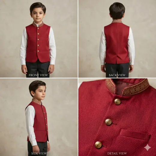 Boys Maroon Jacquard Waistcoat – Premium Ethnic & Formal Wear