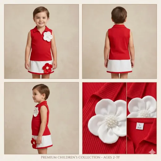 Premium Baby Girls 2-Piece Party Suit – Red & White Floral Set