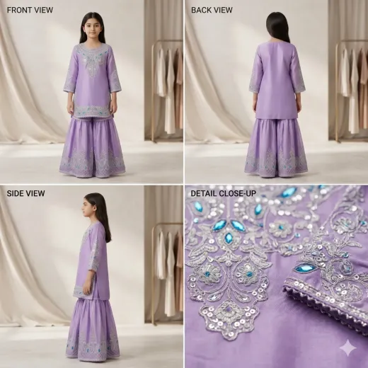 Girls’ Elegant Embroidered Ethnic Outfit – Lavender Co-Ord Set (Top & Palazzo)