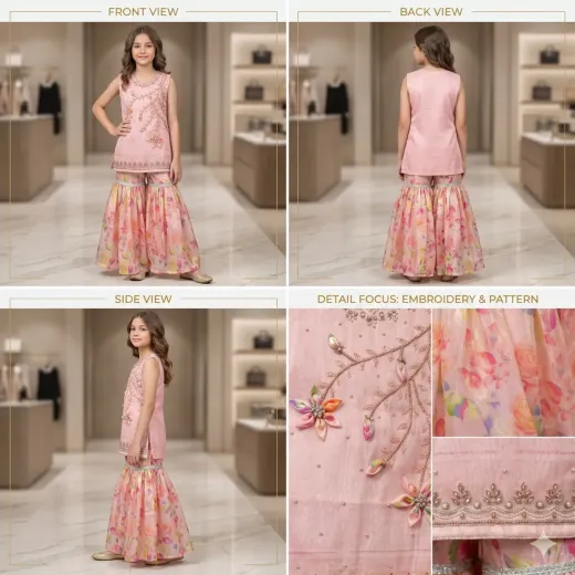 Girls’ Designer Ethnic 2-Piece Set (Pink Embroidered Kurti with Floral Sharara Pants)