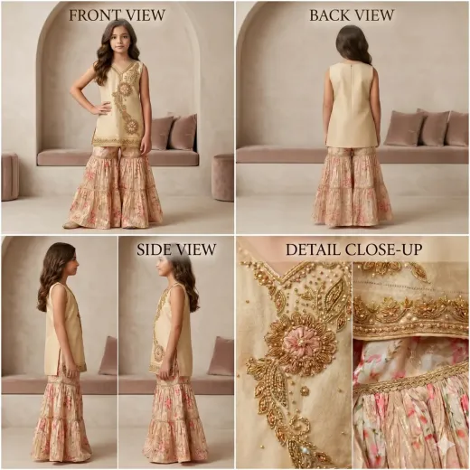 Elegant Girls’ Ethnic Ensemble – Embroidered Sleeveless Kurta with Floral Sharara Pants