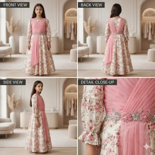 Elegant Girls’ Party Wear Gown – Pink Floral Anarkali Dress with Draped Overlay