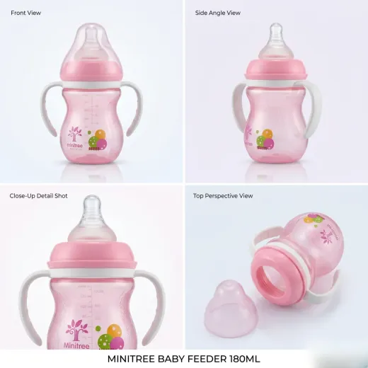 MINITREE Baby Feeder Bottle – 180ml Pink Sippy Training Cup with Handles
