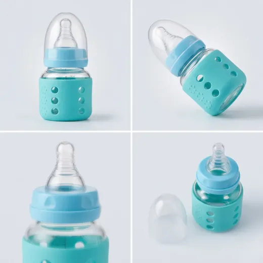 Baby Glass Feeding Bottle with Silicone Sleeve – 120ml (Blue)