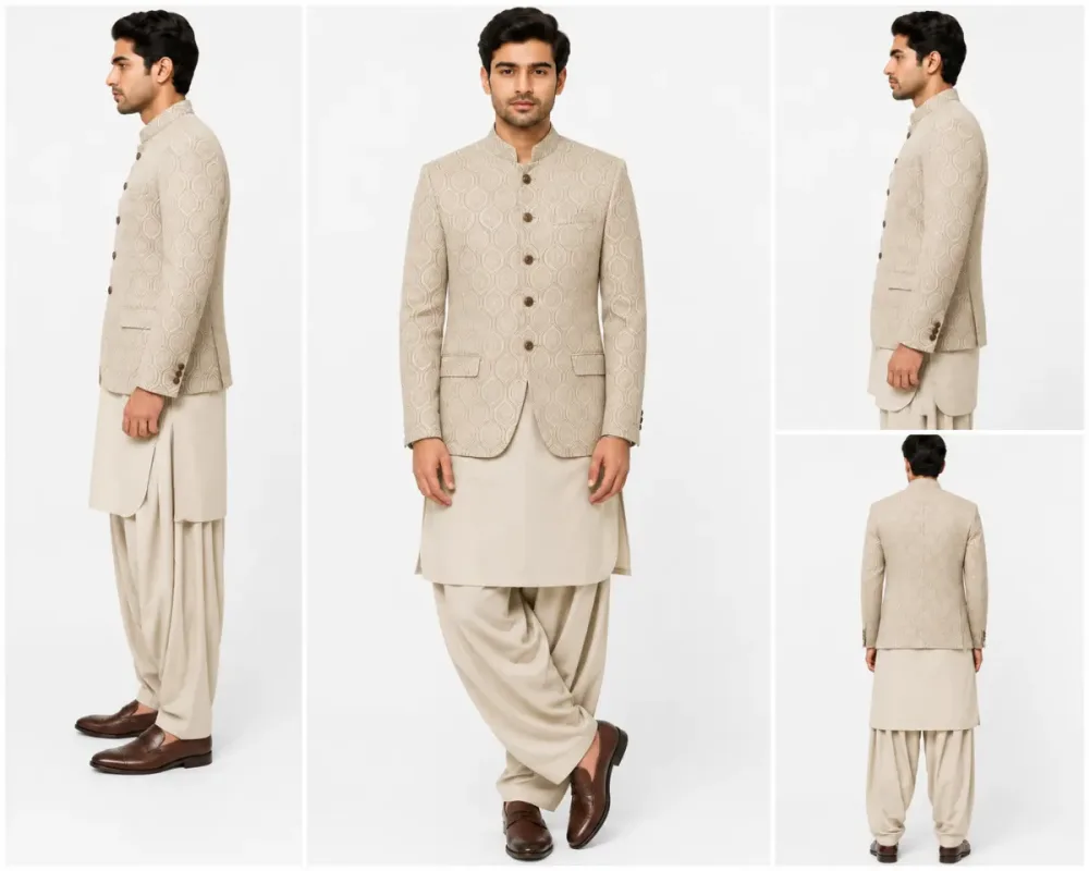 Men's Premium Beige Jacquard Prince Coat