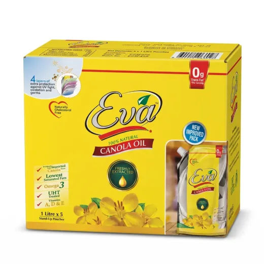 Eva 100% Natural Canola Oil (1L x 5 Stand-Up Pouches) – Heart-Healthy Choice for Everyday Cooking