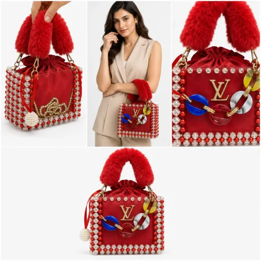 ❤️ Luxury Red Velvet Fur Handle Bucket Handbag ❤️