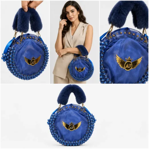 💙 Royal Blue Fur Handle Round Bucket Handbag 💙
