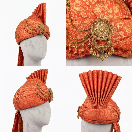 Men's Premium Orange Brocade Wedding Turban (Safa/Pagri)