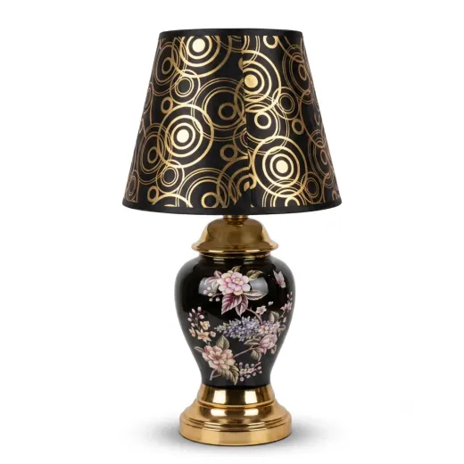 Luxury Floral Ceramic Table Lamp with Designer Black & Gold Shade