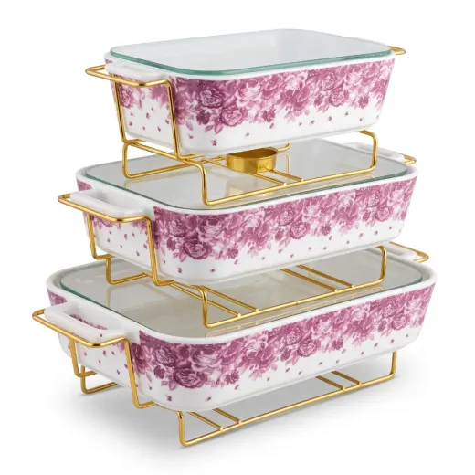 Premium 3-Piece Ceramic Baking Dish Set with Glass Lids & Gold Metal Stand
