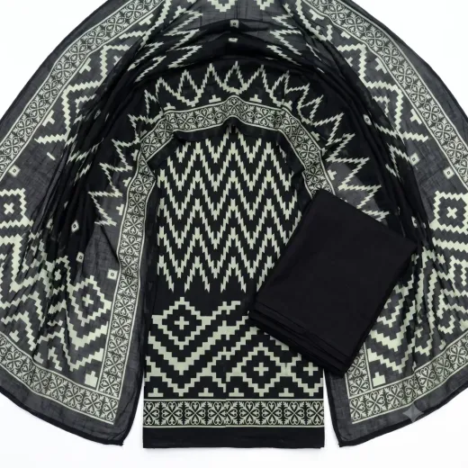 3 Pcs Ladies Printed Suit – Classic Black & White Elegance