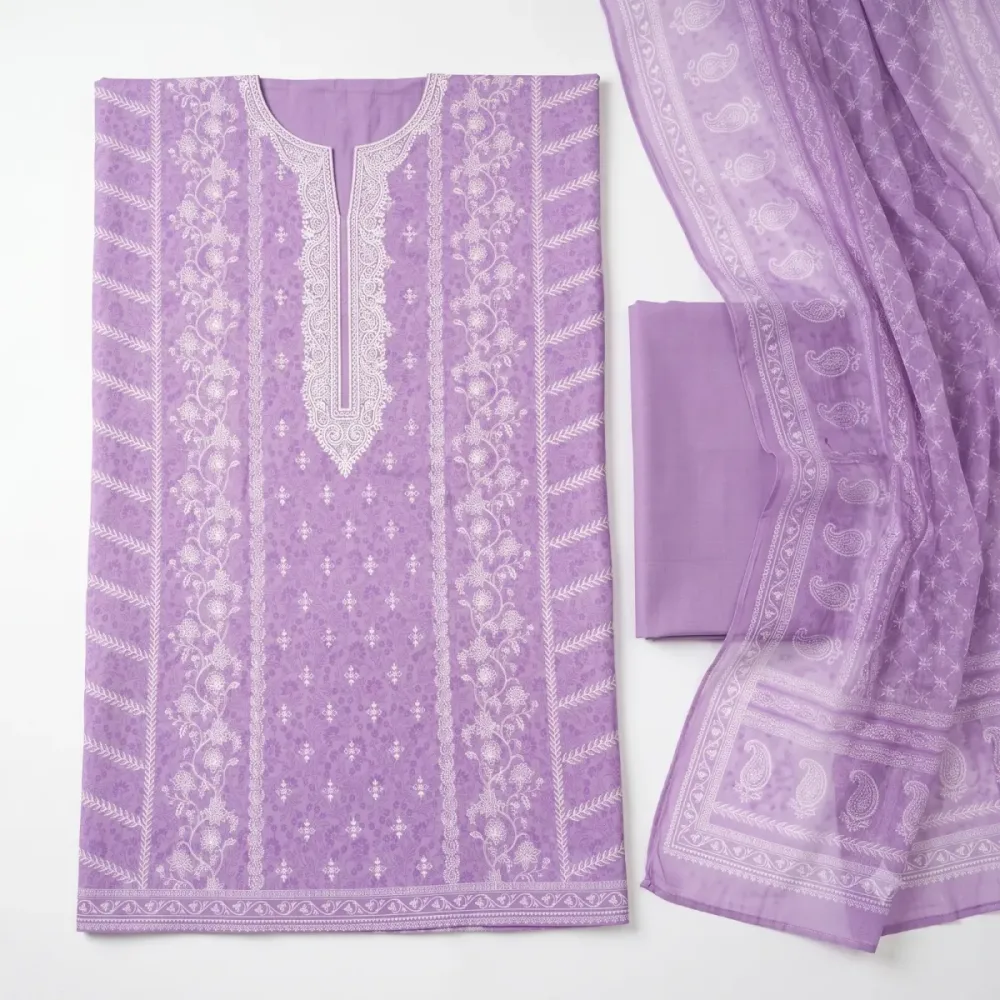 3 Pcs Ladies Printed Suit – Elegant Lavender Collection