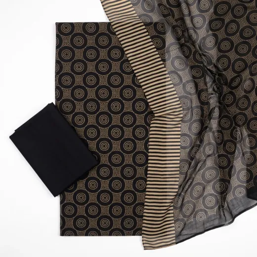 3 Pcs Ladies Printed Suit – Classic Black Elegance