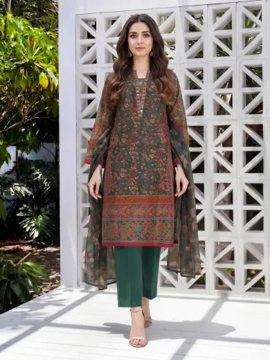 3 Pcs Ladies Printed Suit – Elegant Dark Green Floral Collection