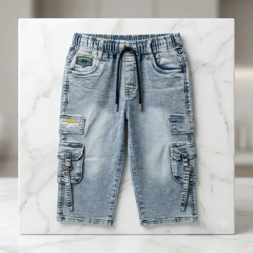 Kids Light Wash Denim Cargo Shorts | Stretch Elastic Waist Jean Shorts