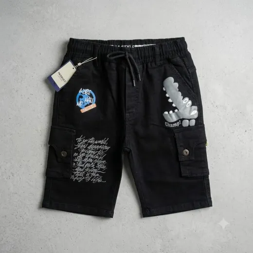 Boys Black Graphic Cargo Shorts | Premium Cotton Casual Shorts