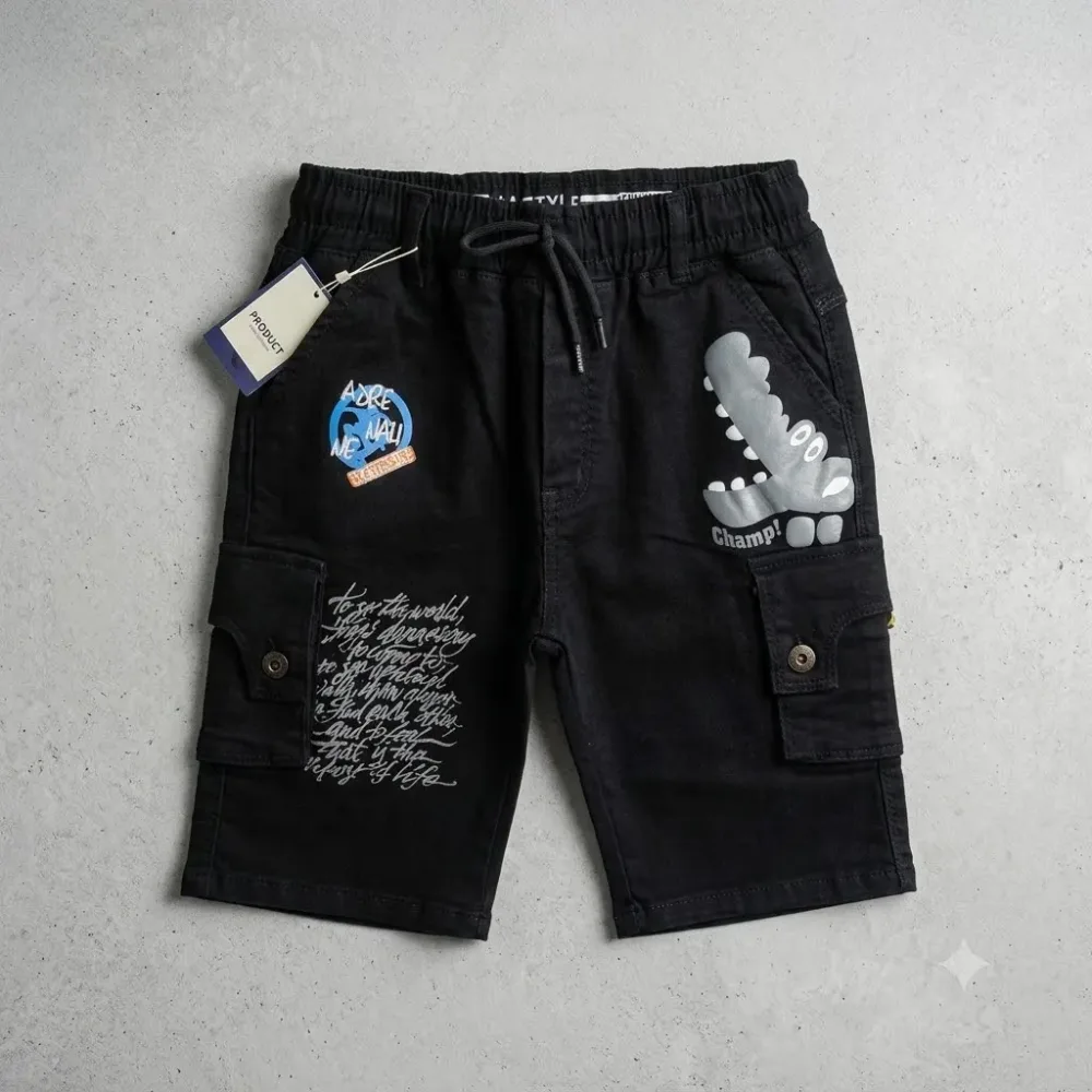 Boys Black Cargo Shorts with Graphic Pocket Print