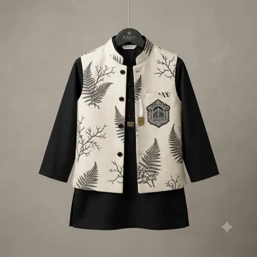 Boys Black Kurta Pajama Set with Printed Nehru Jacket